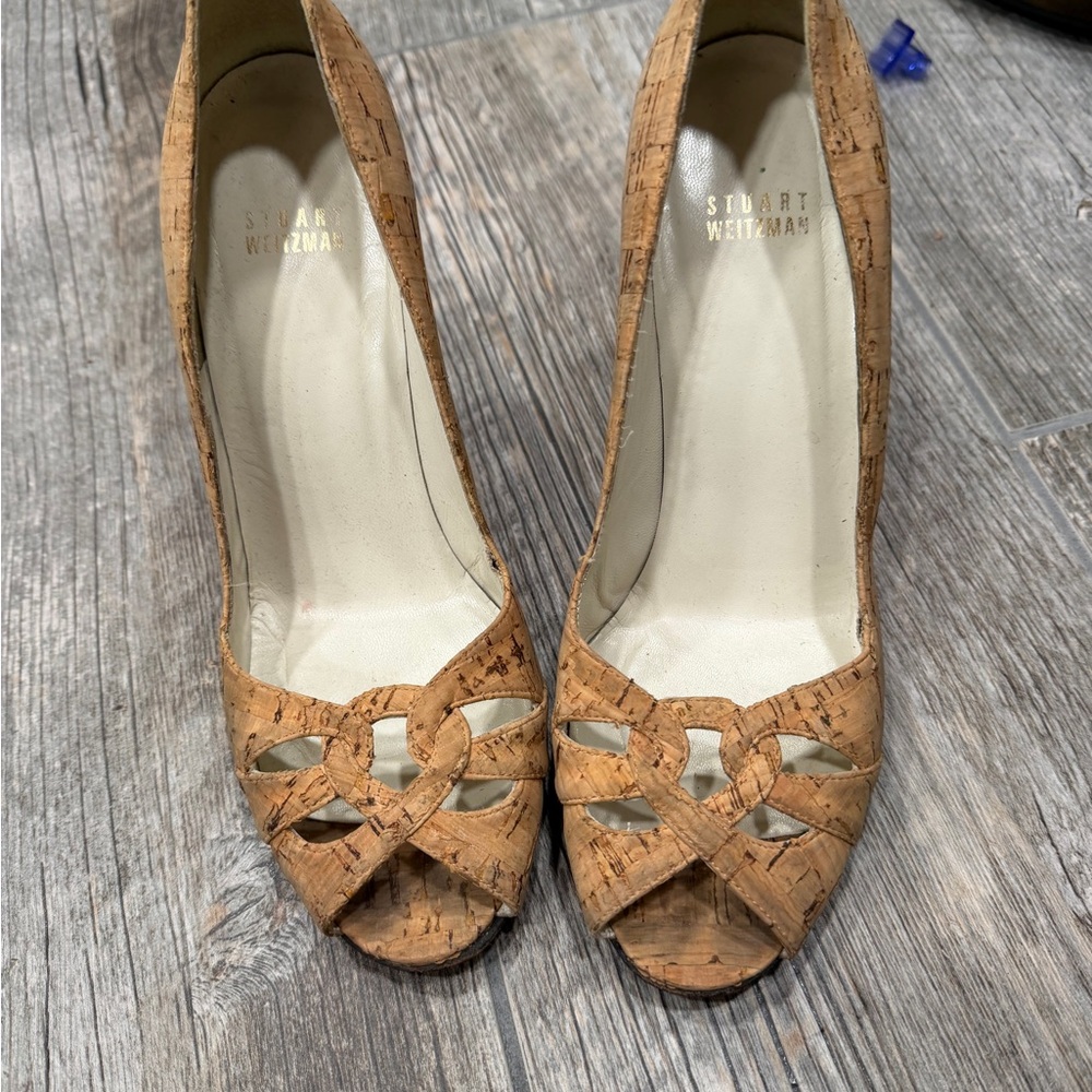 Stuart Weitzman Tan Peep-Toe Heels used 8.5 size